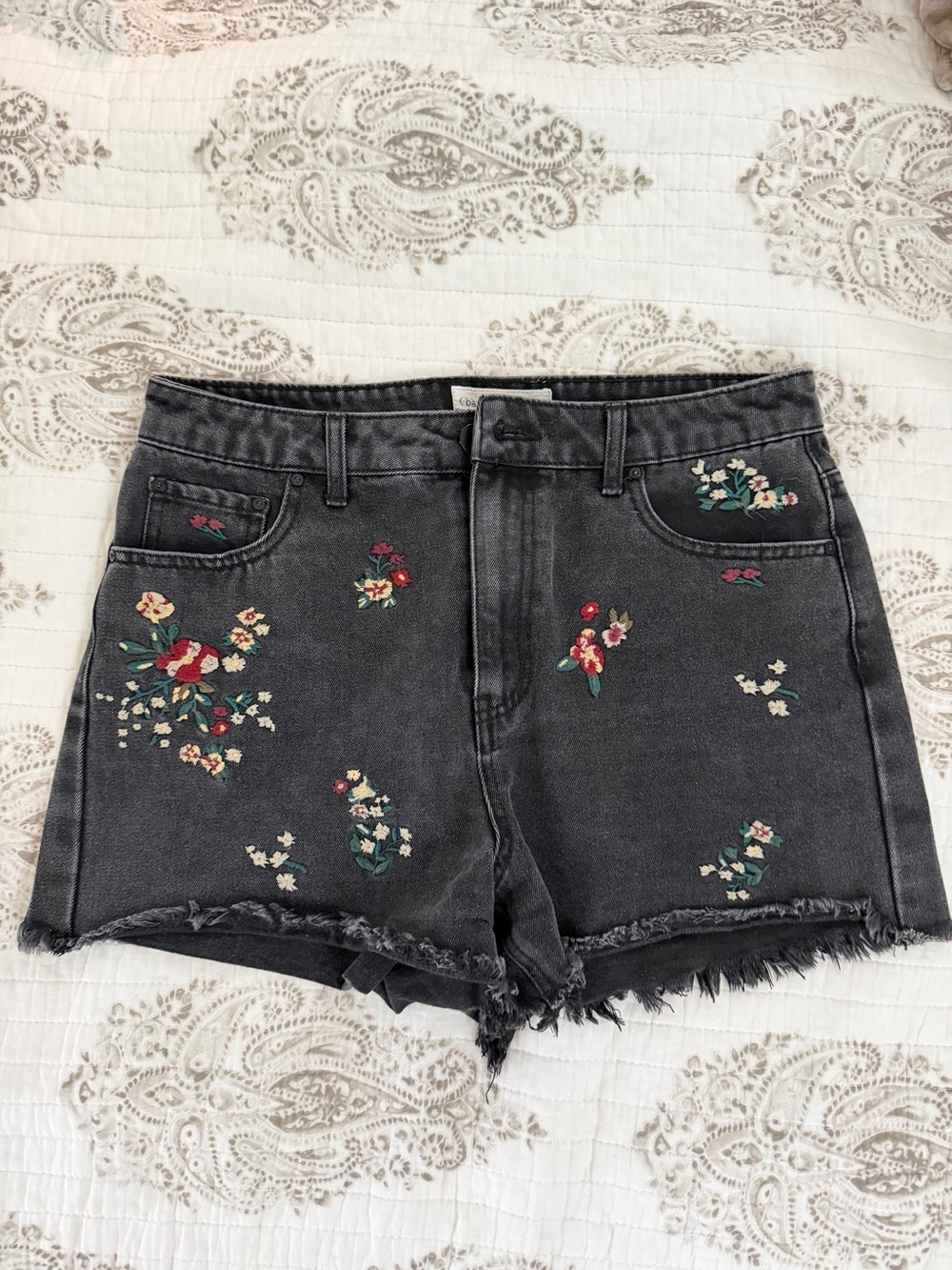 Embroidered Floral Black Denim Shorts